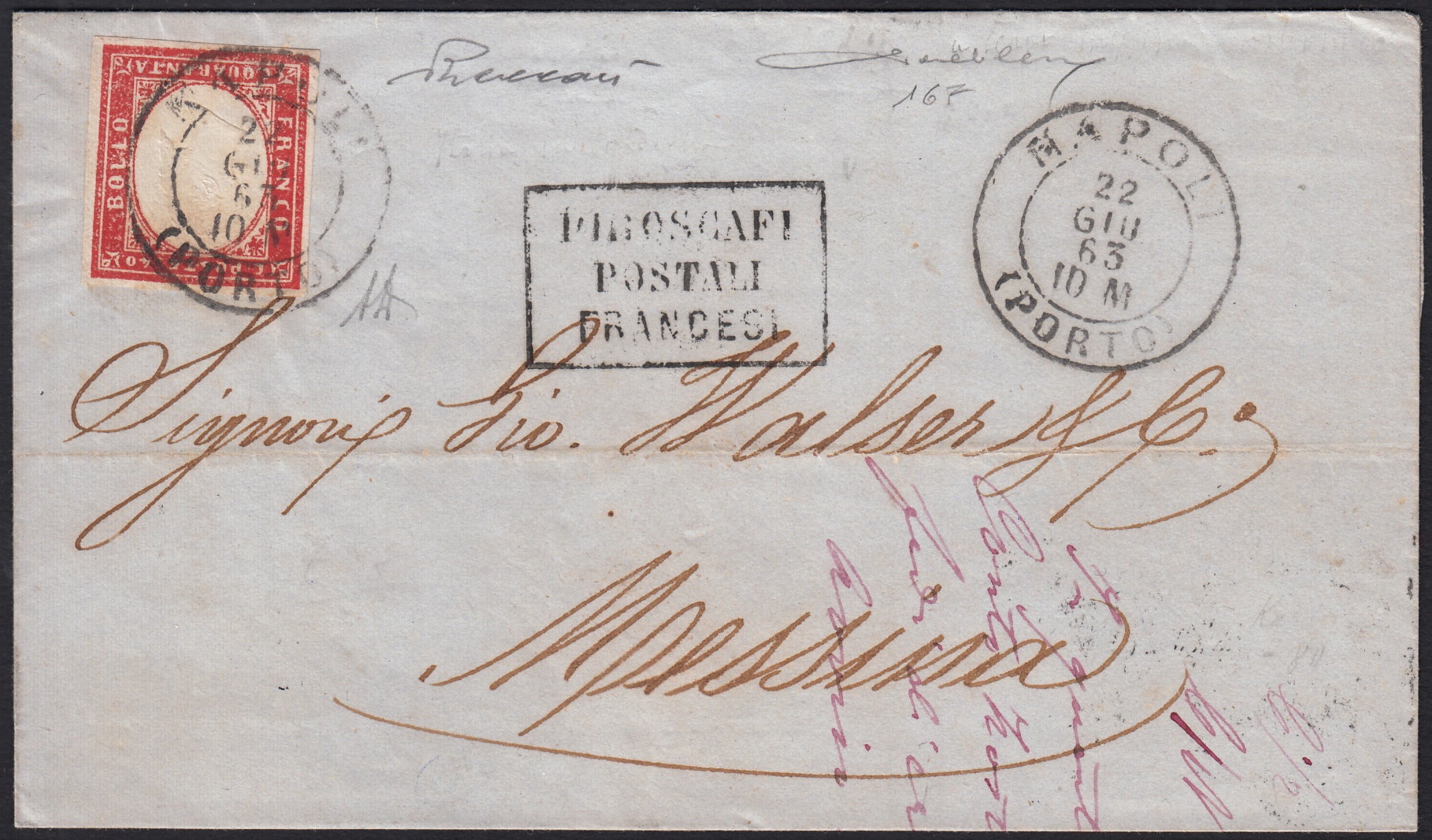 BA25_366 - 1863 Lettera da Napoli (Porto) a Messina 22/6/63 con c.40 rosa vermiglio rara tariffa (16F).
