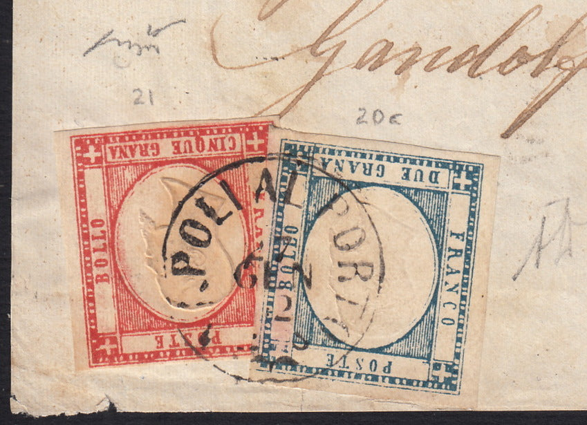 BA25_368 - 1862 lettera spedita da Napoli al Porto per Messina 17/1/62 affrancata con 2 grana azzurro ardesia + 5 grana carminio (20c+21f)