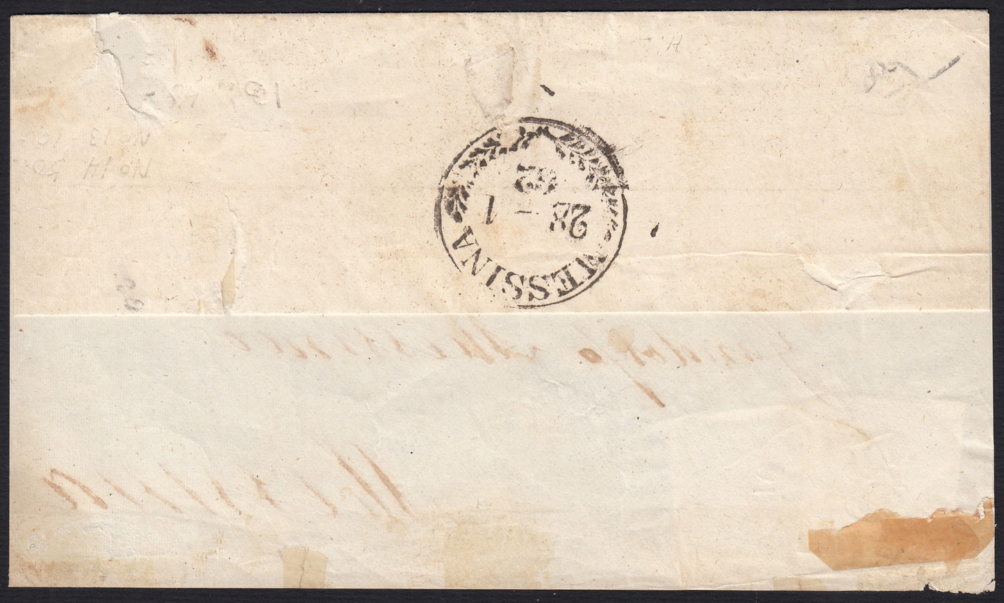 BA25_368 - 1862 lettera spedita da Napoli al Porto per Messina 17/1/62 affrancata con 2 grana azzurro ardesia + 5 grana carminio (20c+21f)