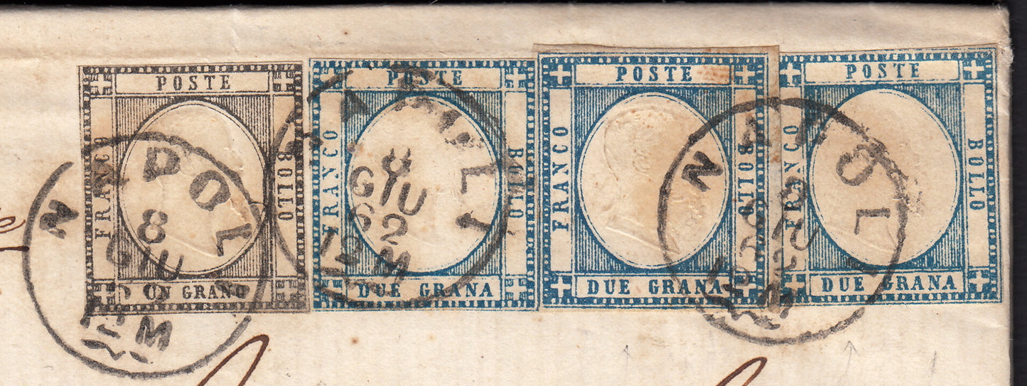 BA25_372 - 1862 - Lettera spedita da Napoli per Messina 8/6/62 affrancata con gr. 1 grigio nero + gr. 2 azzurro tre esemplari, rara combinazione (19a + 20b)