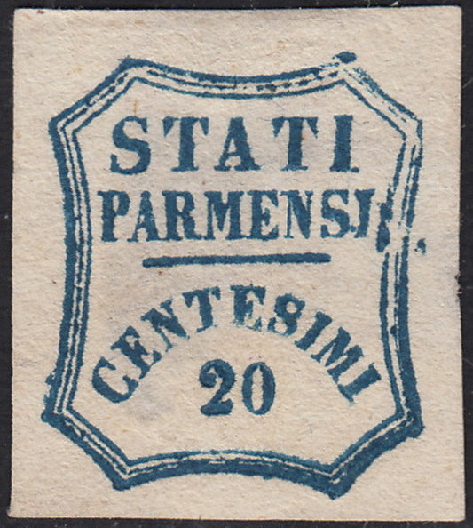 1859 - STATES OF PARME and value in an octagon with curved lines, c. 10 new brown with intact rubber (14).