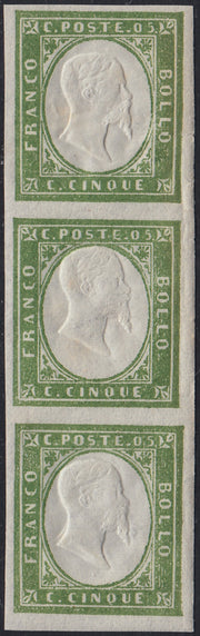 BA25_472 - 1863 - IV emissione c. 5 verde IV composizione striscia di 3 nuovo con gomma integra (13Ea)