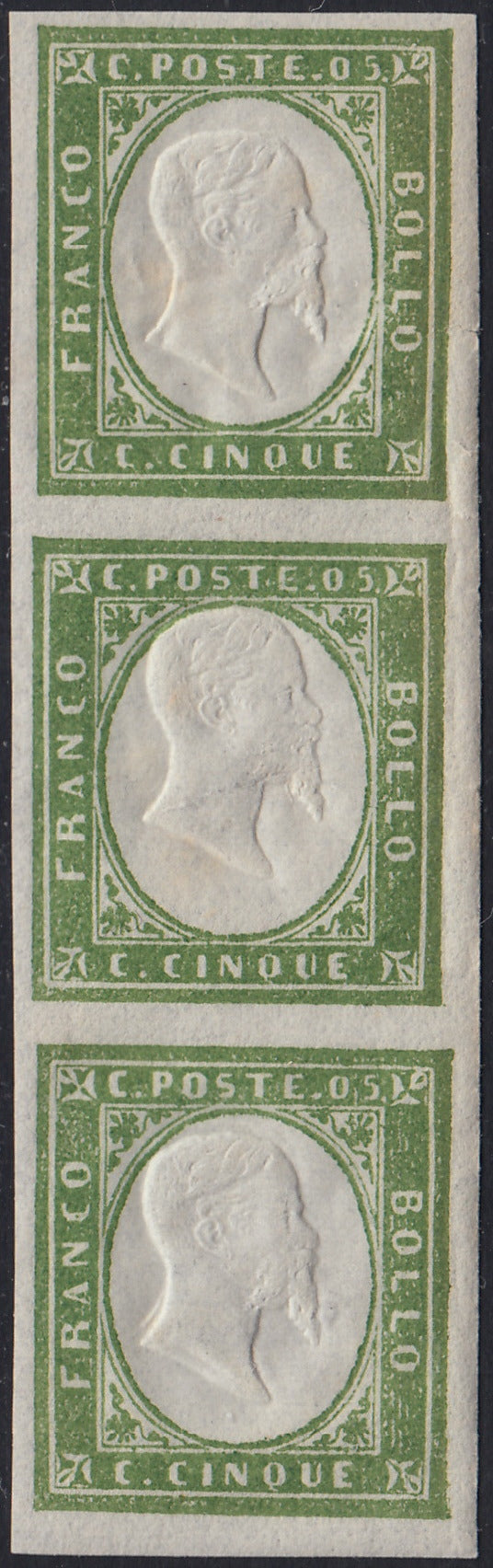 BA25_472 - 1863 - IV emissione c. 5 verde IV composizione striscia di 3 nuovo con gomma integra (13Ea)