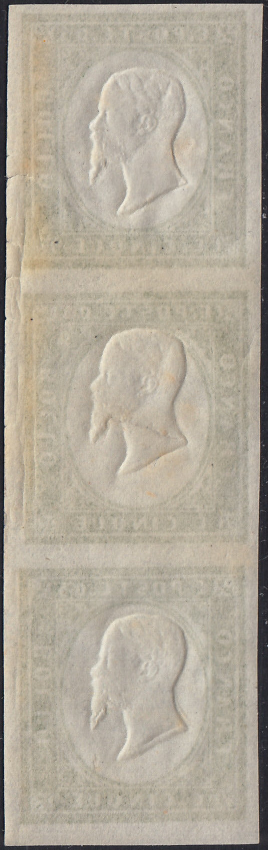 BA25_472 - 1863 - IV emissione c. 5 verde IV composizione striscia di 3 nuovo con gomma integra (13Ea)