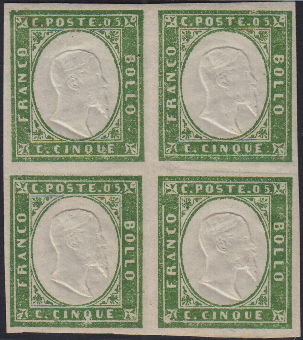 BA25_481 - 1863 - IV emissione c. 5 verde IV composizione blocco di 4 nuovo con gomma integra (13Ea)