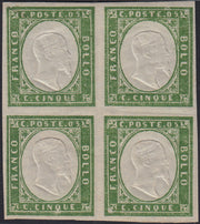 BA25_481 - 1863 - IV emissione c. 5 verde IV composizione blocco di 4 nuovo con gomma integra (13Ea)