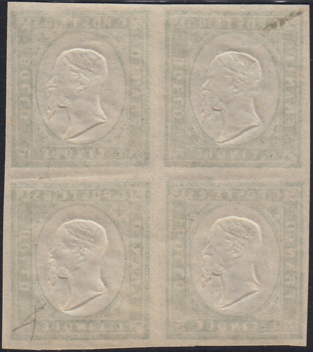 BA25_481 - 1863 - IV emissione c. 5 verde IV composizione blocco di 4 nuovo con gomma integra (13Ea)