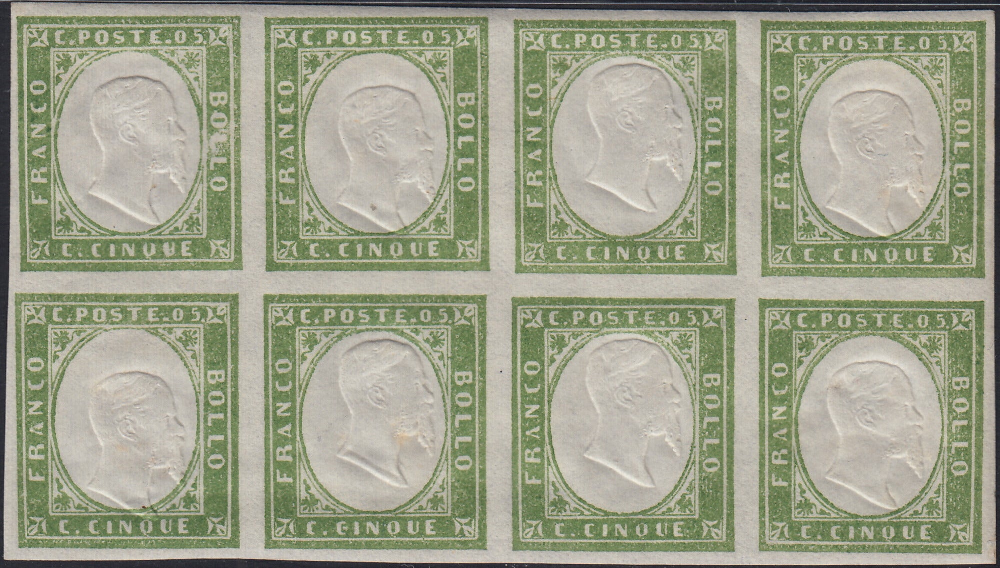 BA25_485 - 1863 - IV emissione c. 5 verde chiaro smorto IV composizione blocco di 8 nuovo con gomma integra (13Eb)