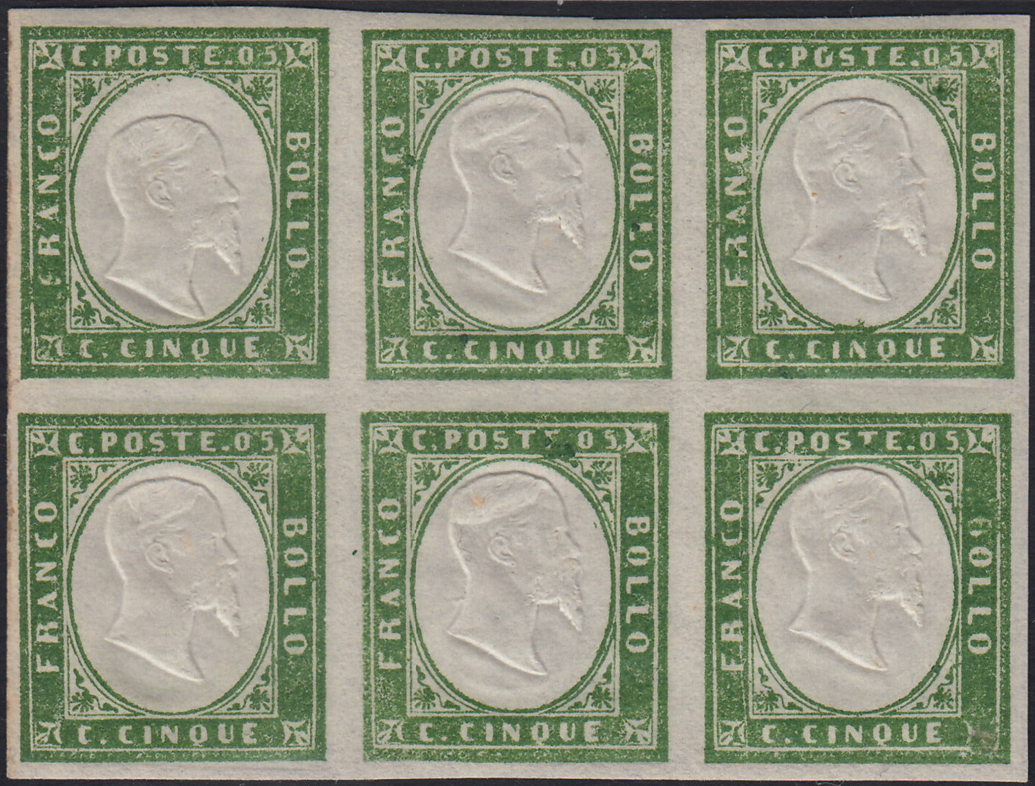 BA25_486 - 1863 - IV emissione c. 5 verde IV composizione blocco di 6 nuovo con gomma integra (13Ea)