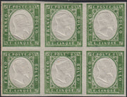 BA25_486 - 1863 - IV emissione c. 5 verde IV composizione blocco di 6 nuovo con gomma integra (13Ea)