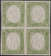 BA25_487 - 1863 - IV emissione c. 5 verde chiaro smorto IV composizione blocco di 4 nuovo con gomma integra (13Eb)