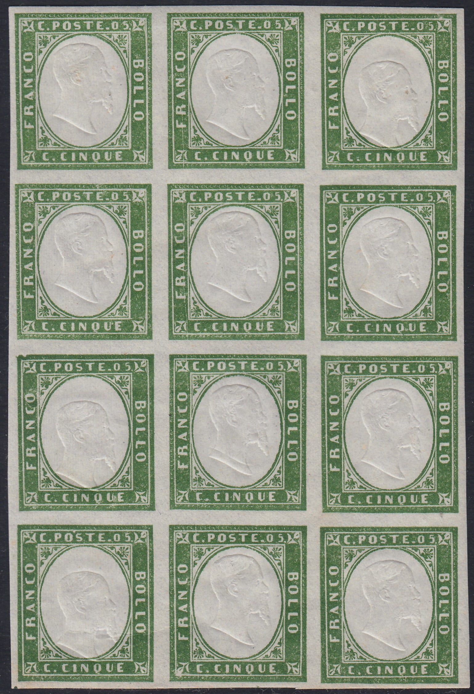 BA25_523 - 1863 - IV emissione c. 5 verde IV composizione blocco di 12 nuovo con gomma integra (13Ea)