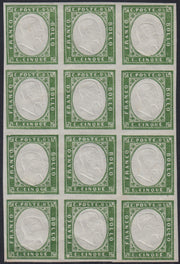 BA25_523 - 1863 - IV emissione c. 5 verde IV composizione blocco di 12 nuovo con gomma integra (13Ea)