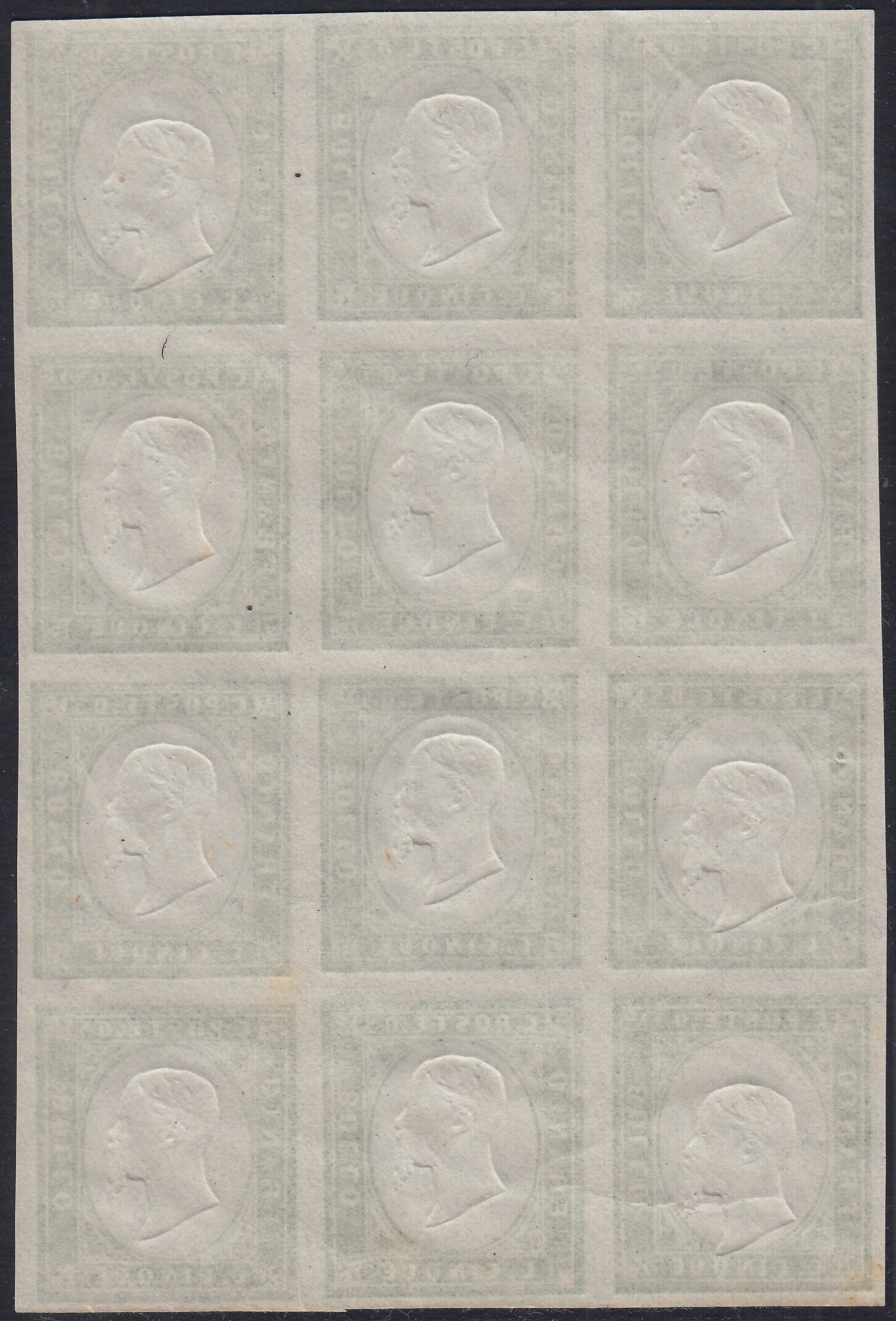 BA25_523 - 1863 - IV emissione c. 5 verde IV composizione blocco di 12 nuovo con gomma integra (13Ea)