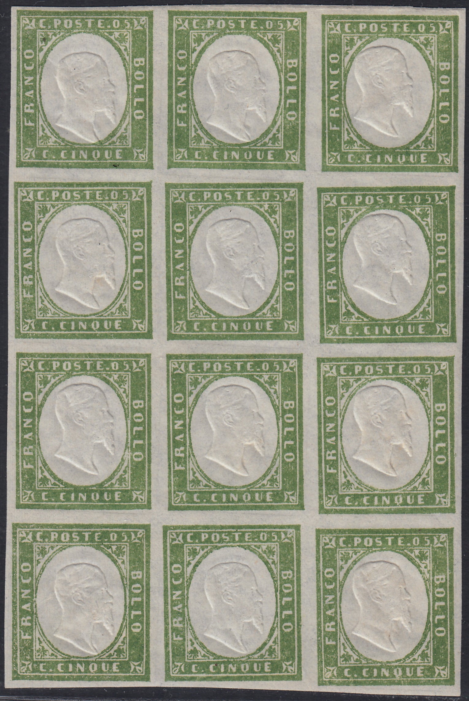 BA25_525 - 1863 - IV emissione c. 5 verde chiaro smorto IV composizione blocco di 12 nuovo con gomma integra (13Eb)