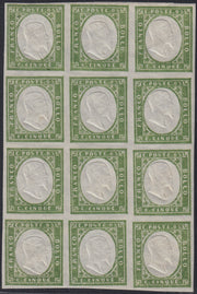 BA25_525 - 1863 - IV emissione c. 5 verde chiaro smorto IV composizione blocco di 12 nuovo con gomma integra (13Eb)