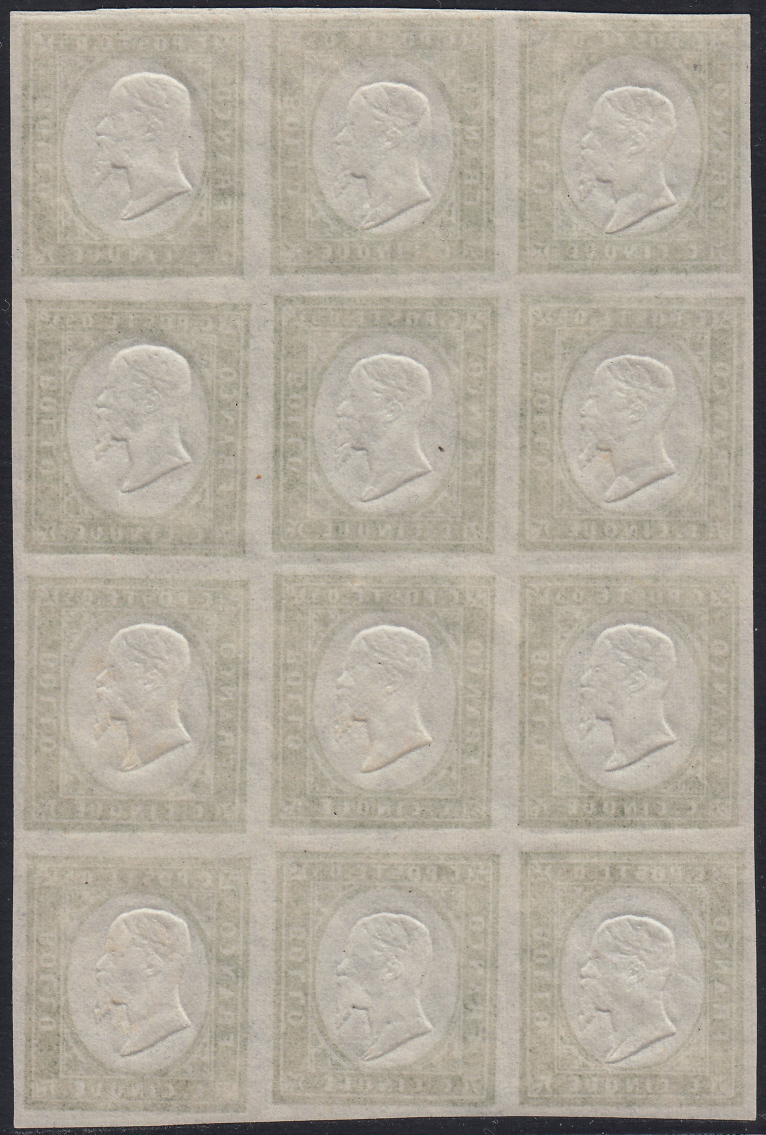 BA25_525 - 1863 - IV emissione c. 5 verde chiaro smorto IV composizione blocco di 12 nuovo con gomma integra (13Eb)