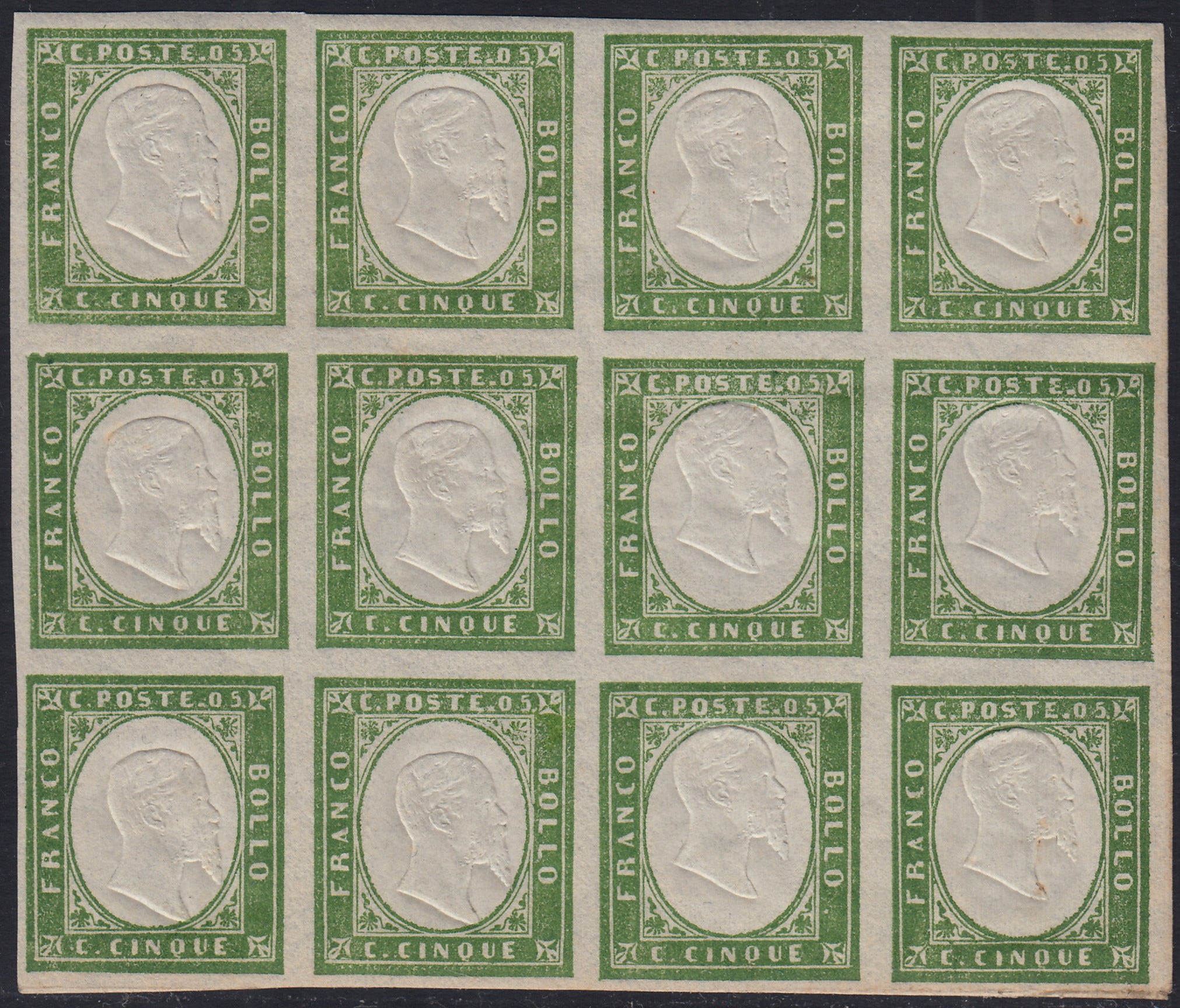 BA25_526 - 1863 - IV emissione c. 5 verde (giallastro) IV composizione blocco di 12 nuovo con gomma integra (13Ea)