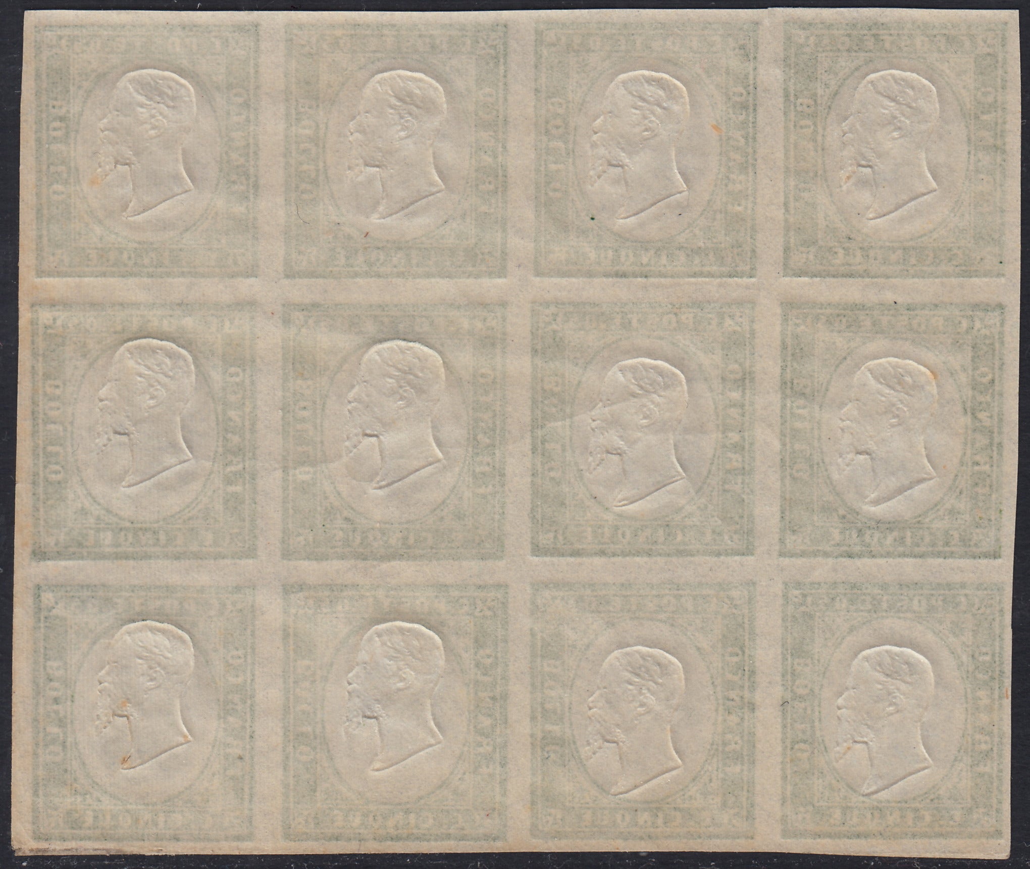 BA25_526 - 1863 - IV emissione c. 5 verde (giallastro) IV composizione blocco di 12 nuovo con gomma integra (13Ea)