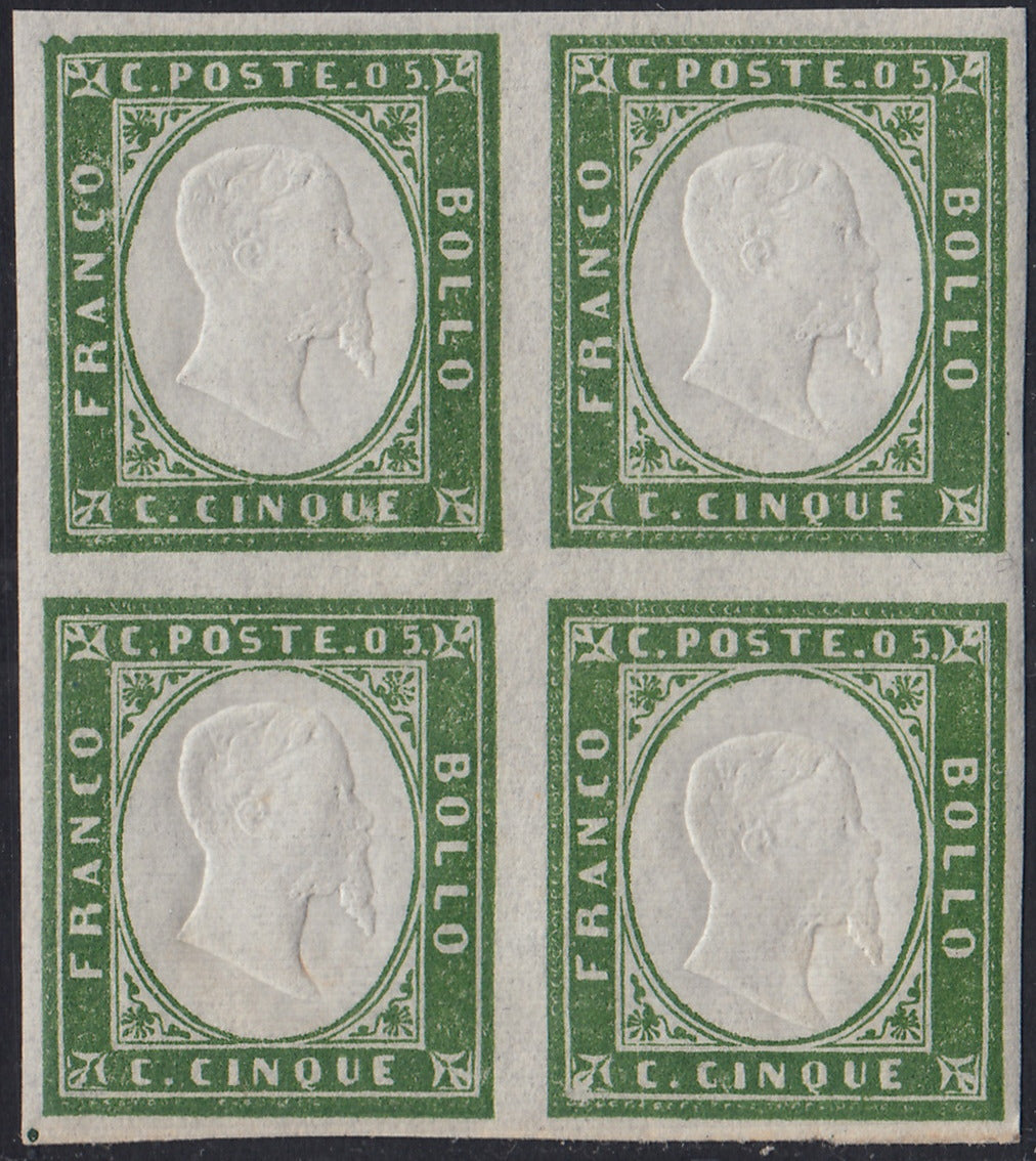 BA25_527 - 1863 - IV emissione c. 5 verde IV composizione blocco di 4 nuovo con gomma integra (13Ea)