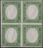 BA25_527 - 1863 - IV emissione c. 5 verde IV composizione blocco di 4 nuovo con gomma integra (13Ea)