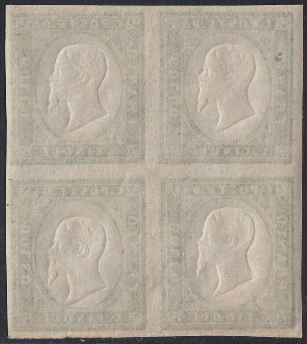 BA25_527 - 1863 - IV emissione c. 5 verde IV composizione blocco di 4 nuovo con gomma integra (13Ea)