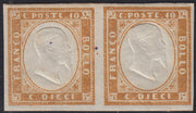 BA25_639 - 1863 - IV emissione c. 10 bistro chiaro II tavola coppia orizzontale nuova con gomma integra (14Ea)