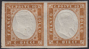 BA25_640 - 1863 - IV emissione c. 10 bistro scuro II tavola coppia orizzontale nuova con gomma integra (14Eb)