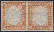 BA25_641- 1863 - IV emissione c. 10 bistro chiaro II tavola coppia orizzontale nuova con gomma integra (14Ea)