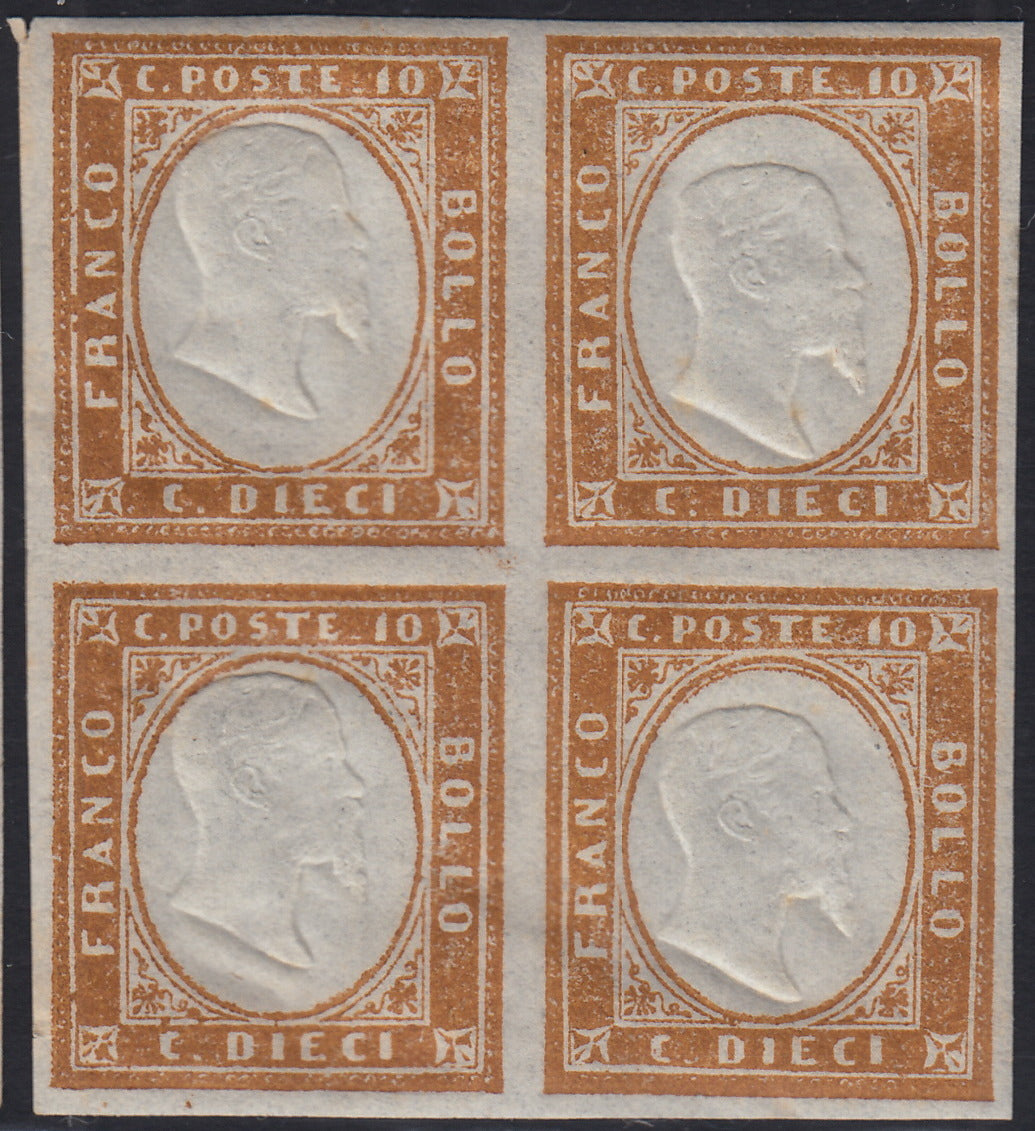 BA25_652 - 1863 - IV emissione c. 10 bistro II tavola blocco di quattro nuovo con gomma integra (14E)
