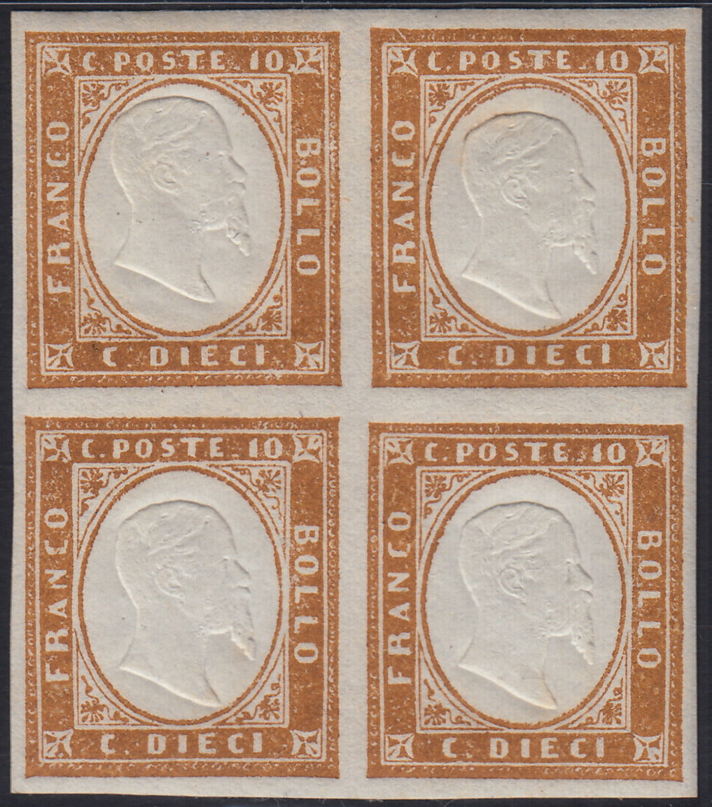 BA25_653 - 1863 - IV emissione c. 10 bistro II tavola blocco di quattro nuovo con gomma integra (14E)