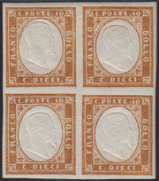 BA25_653 - 1863 - IV emissione c. 10 bistro II tavola blocco di quattro nuovo con gomma integra (14E)