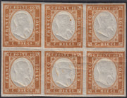 BA25_655 - 1863 - IV emissione c. 10 bistro II tavola blocco di sei nuovo con gomma integra (14E)