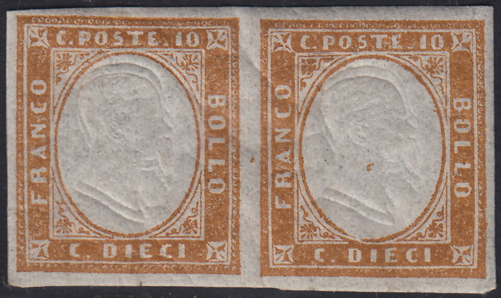 BA25_659 - 1863 - IV emissione c. 10 bistro II tavola coppia orizzontale nuova con gomma integra (14E)