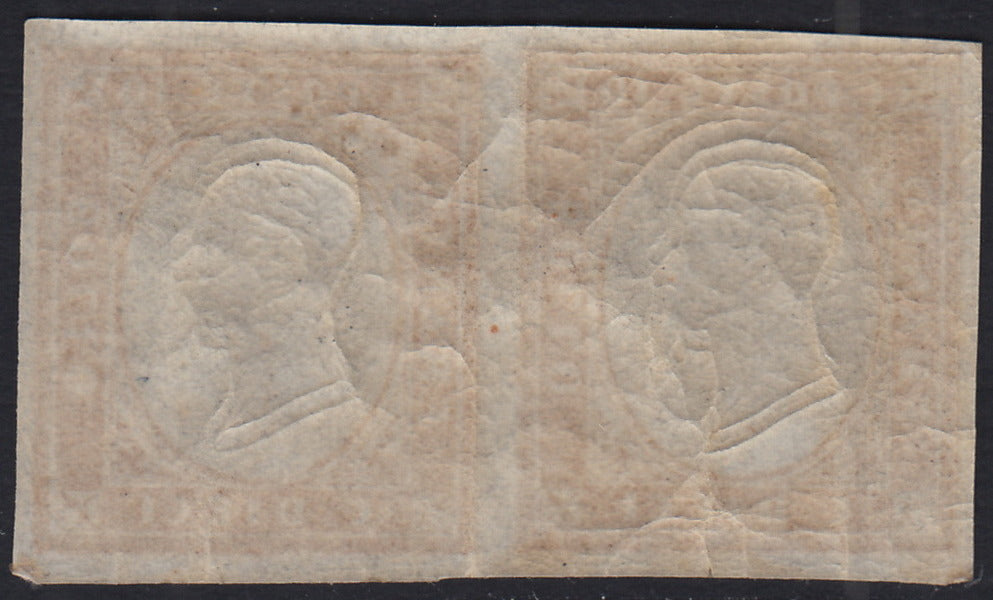 BA25_659 - 1863 - IV emissione c. 10 bistro II tavola coppia orizzontale nuova con gomma integra (14E)