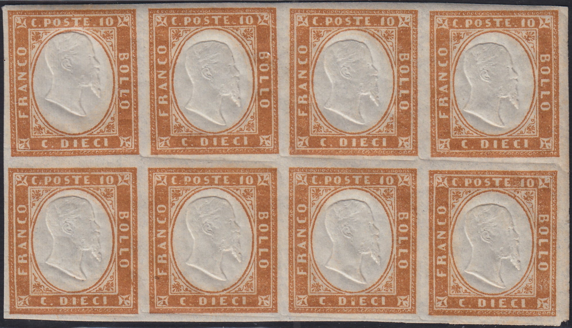 BA25_664 - 1863 - IV emissione c. 10 bistro II tavola blocco di otto nuovo con gomma integra (14E)