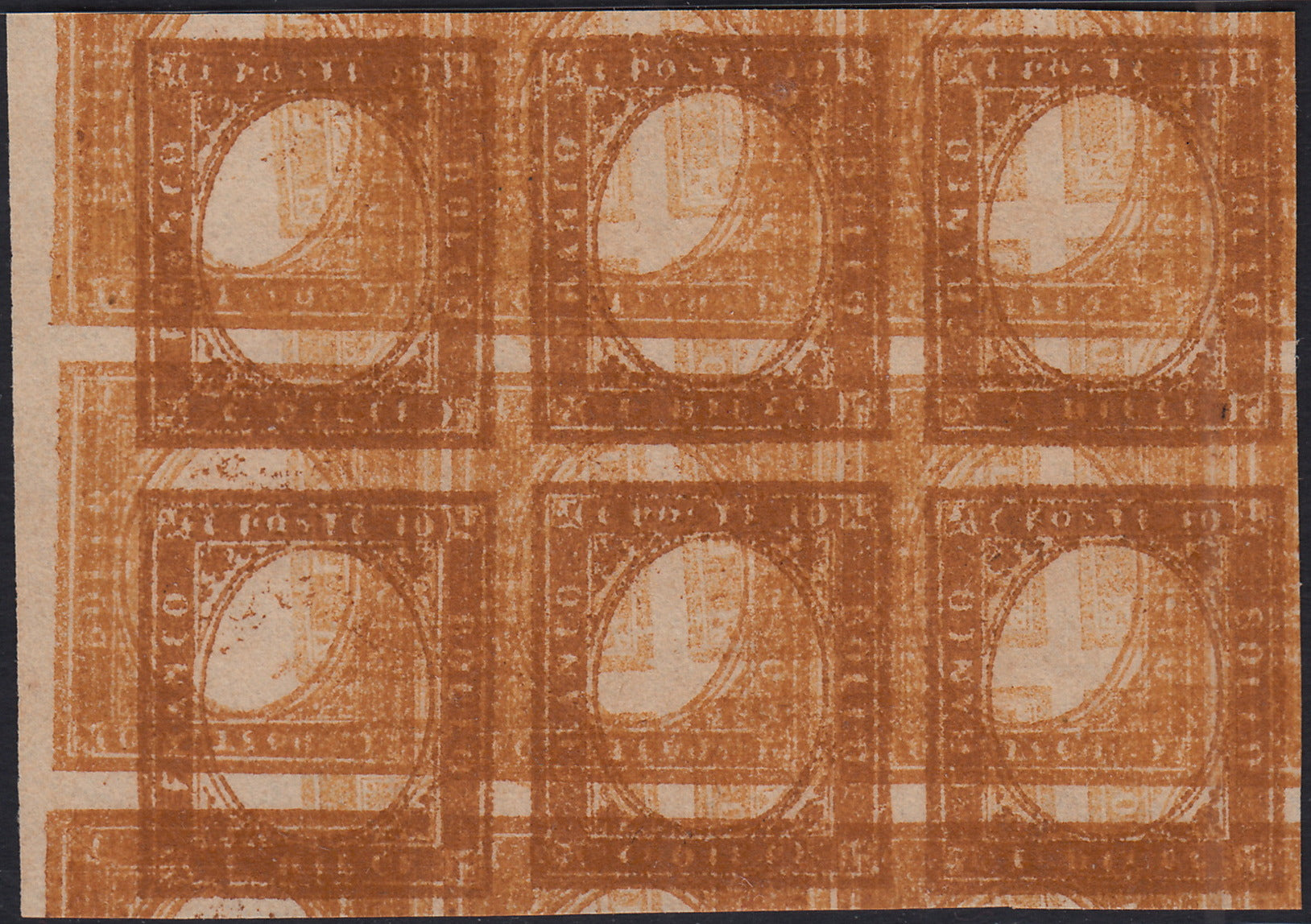 BA25_665 - 1863 - IV emissione c. 10 bistro II tavola prova di avviamento macchina blocco di sei esemplari nuova non gommata (14E, prova)