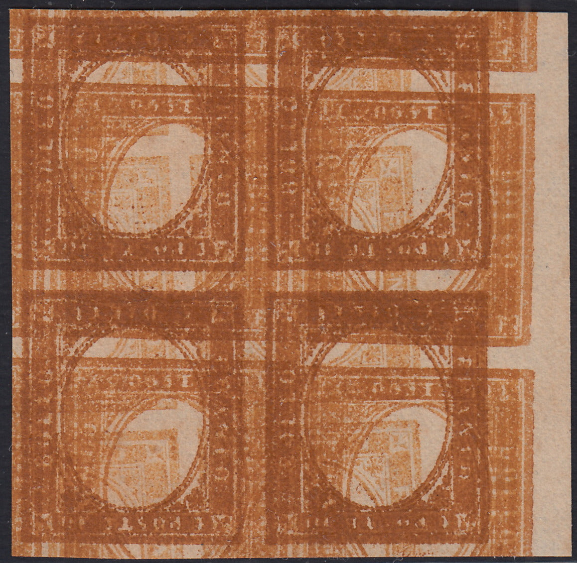 BA25_667 - 1863 - IV emissione c. 10 bistro II tavola prova di avviamento macchina blocco di quattro esemplari nuova non gommata (14E, prova)