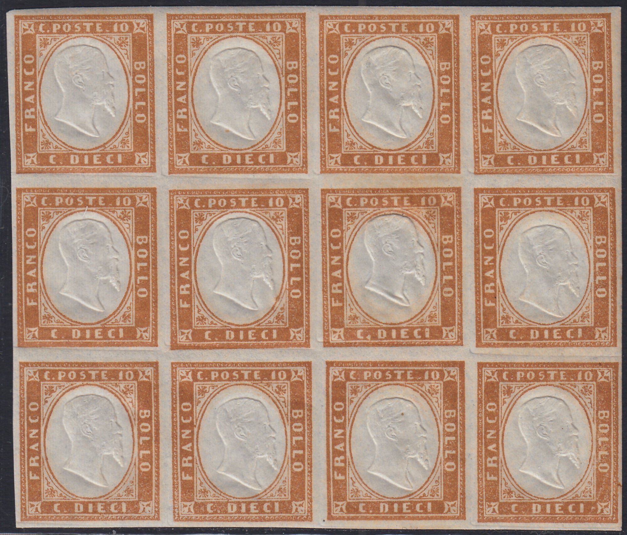 BA25_676 - 1863 - IV emissione c. 10 bistro II tavola blocco di 12 nuovo con gomma integra (14E)