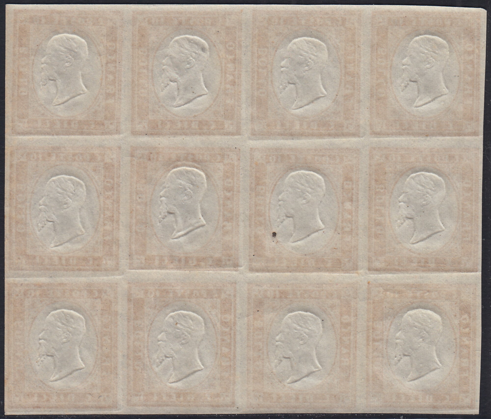 BA25_676 - 1863 - IV emissione c. 10 bistro II tavola blocco di 12 nuovo con gomma integra (14E)