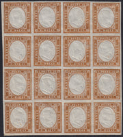 BA25_677 - 1863 - IV emissione c. 10 bistro scuro II tavola blocco di 16 nuovo con gomma integra (14Eb)