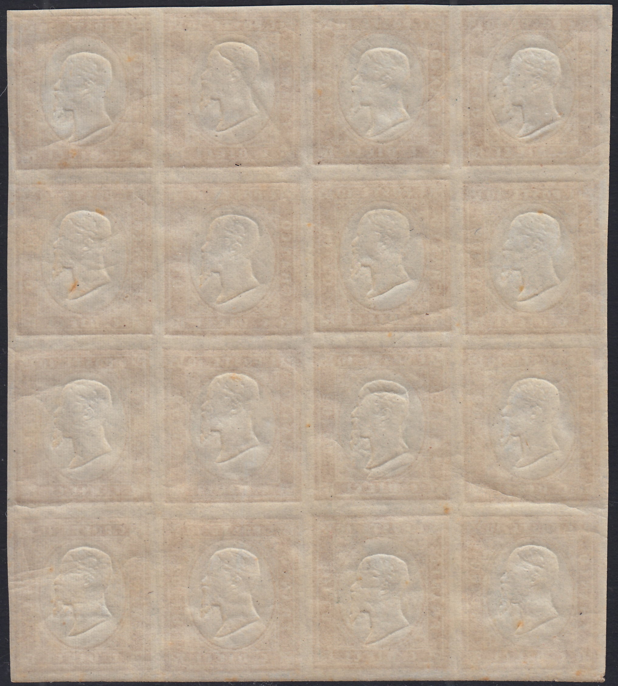 BA25_677 - 1863 - IV emissione c. 10 bistro scuro II tavola blocco di 16 nuovo con gomma integra (14Eb)