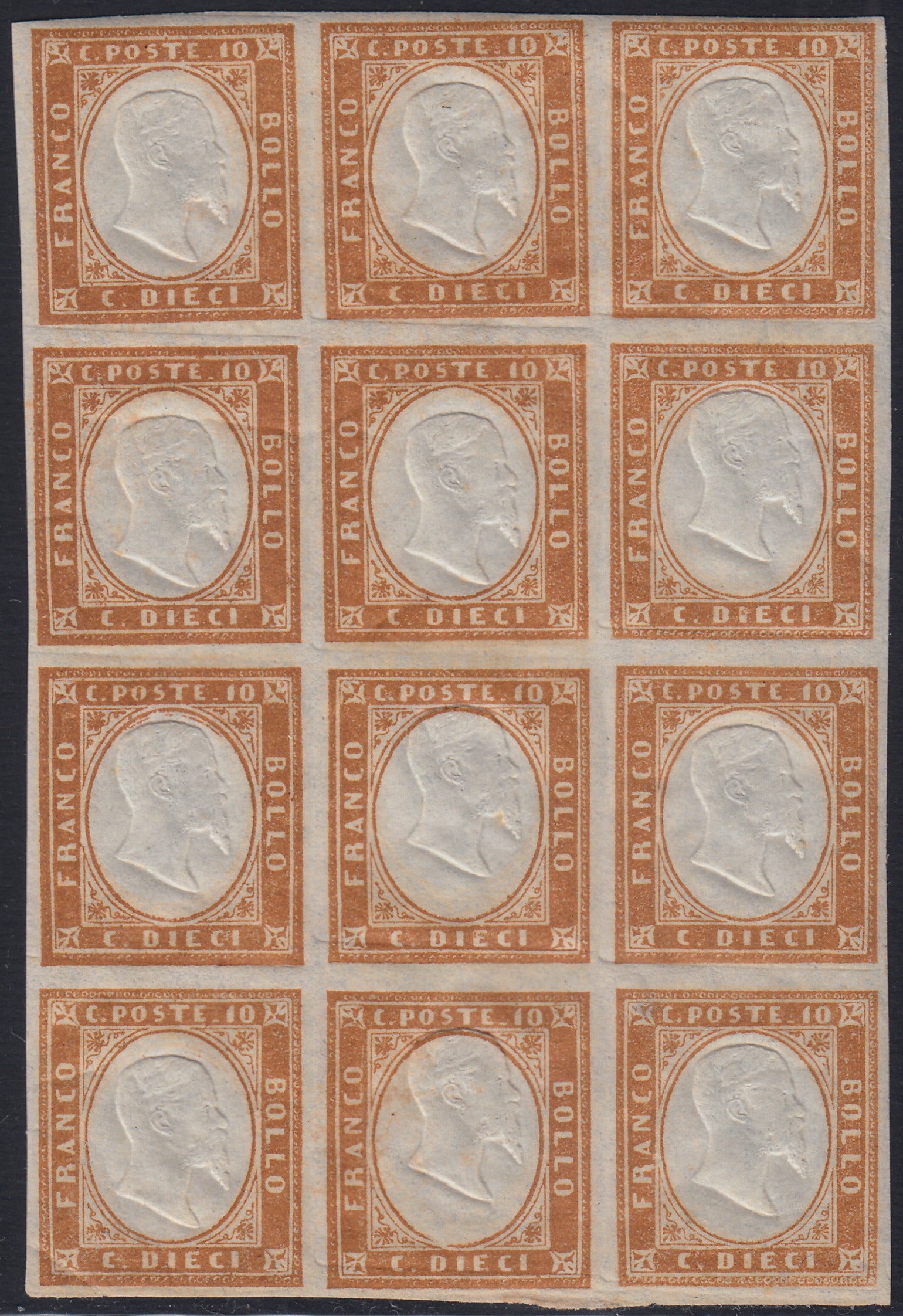 BA25_679 - 1863 - IV emissione c. 10 bistro II tavola blocco di 12 nuovo con gomma integra (14E)