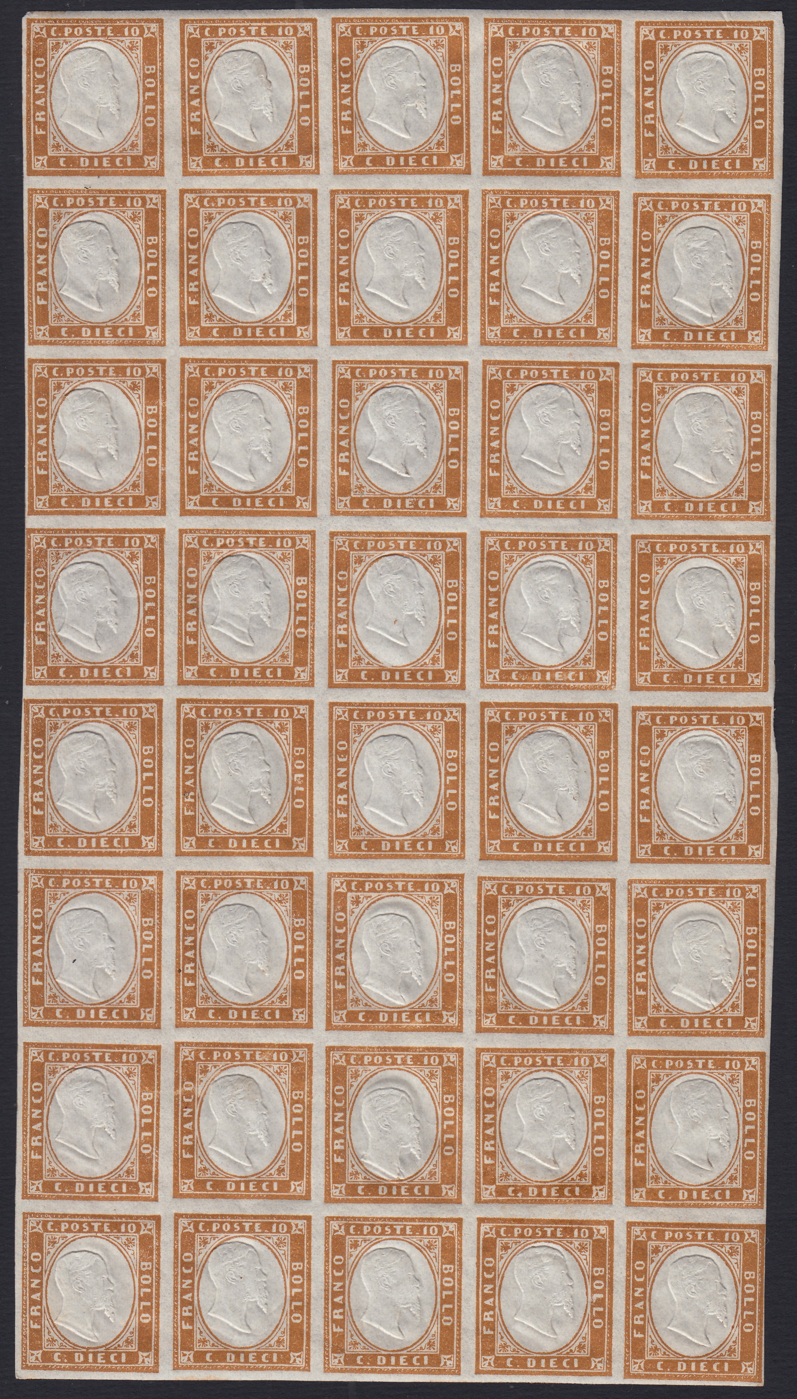 BA25_687 - 1863 - IV emissione c. 10 bistro II tavola blocco di 40 nuovo con gomma integra (14E)