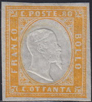 BA25_725 - 1862 - Sardegna IV emissione c. 80 giallo tiratura 1862 nuovo con gomma integra (17Da)