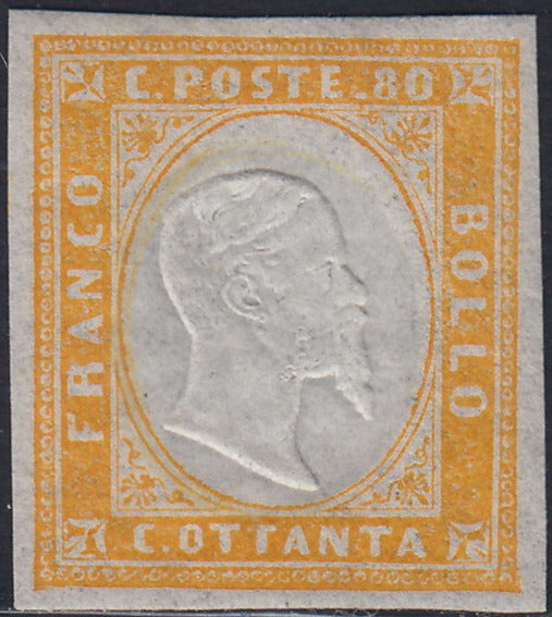 BA25_725 - 1862 - Sardegna IV emissione c. 80 giallo tiratura 1862 nuovo con gomma integra (17Da)