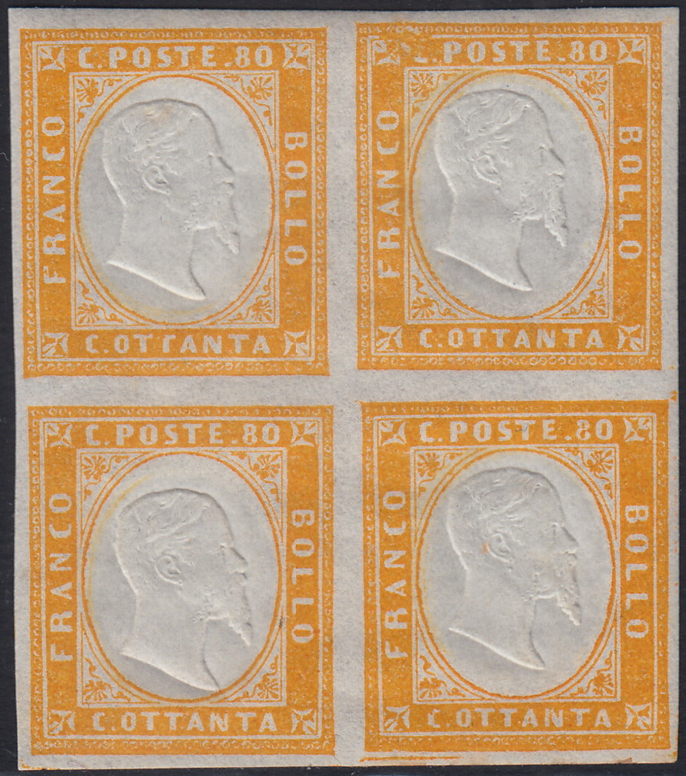 BA25_754 - 1862 - IV emissione c. 80 giallo blocco di 4 esemplari nuovo con gomma integra (17Da)
