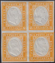 BA25_754 - 1862 - IV emissione c. 80 giallo blocco di 4 esemplari nuovo con gomma integra (17Da)