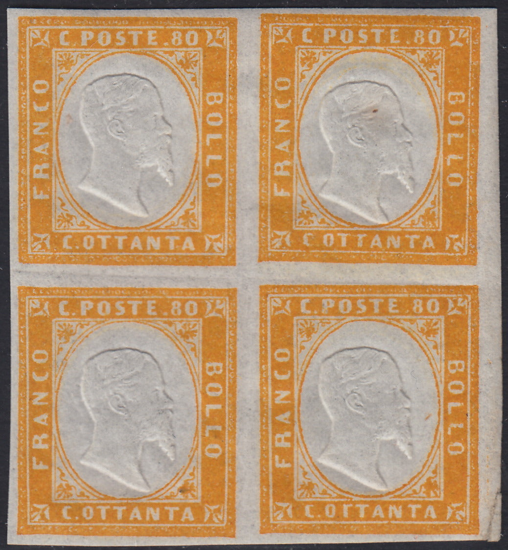 BA25_757 - 1862 - IV emissione c. 80 giallo blocco di 4 esemplari nuovo con gomma integra (17Da)