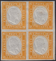 BA25_757 - 1862 - IV emissione c. 80 giallo blocco di 4 esemplari nuovo con gomma integra (17Da)